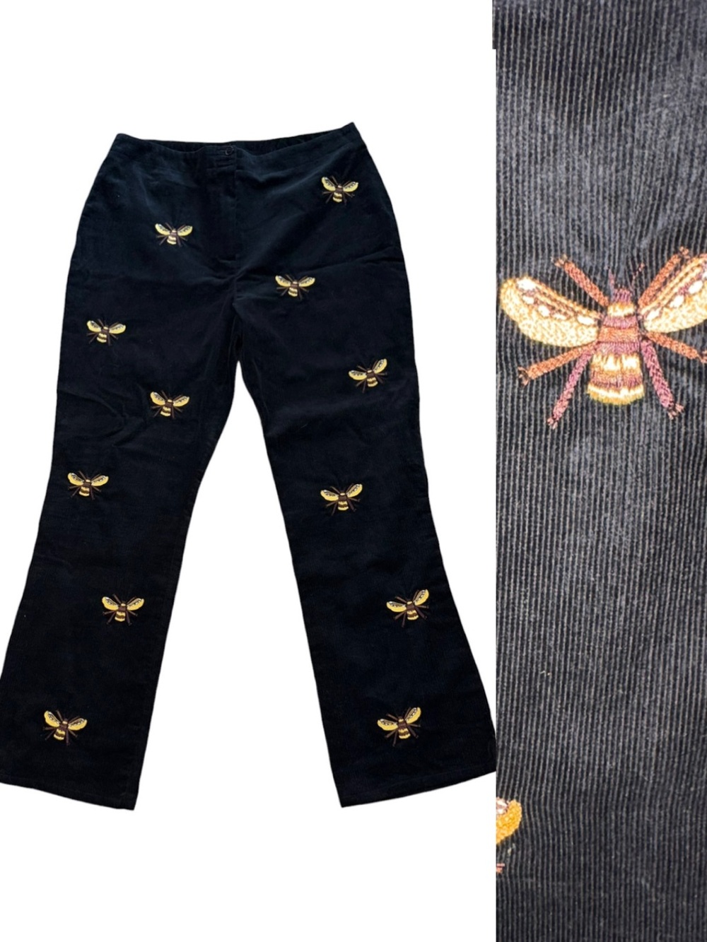 CJ Laing Black Gold Embroidered Bumblebee Bee Corduroy Pants - 12